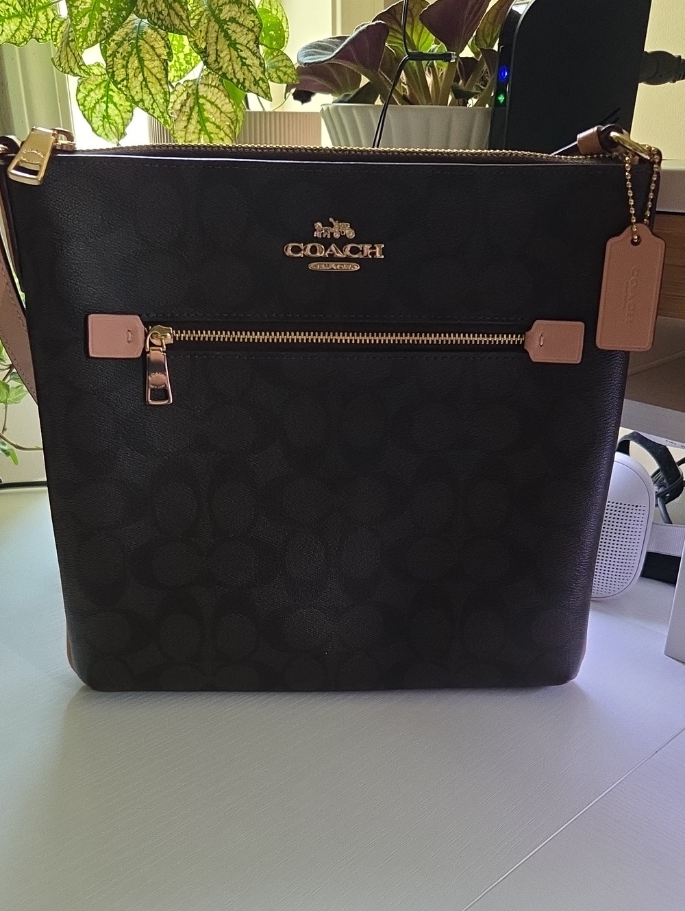 Coach Crossbody Bag in Brown And Black Signature with Pink Accents
